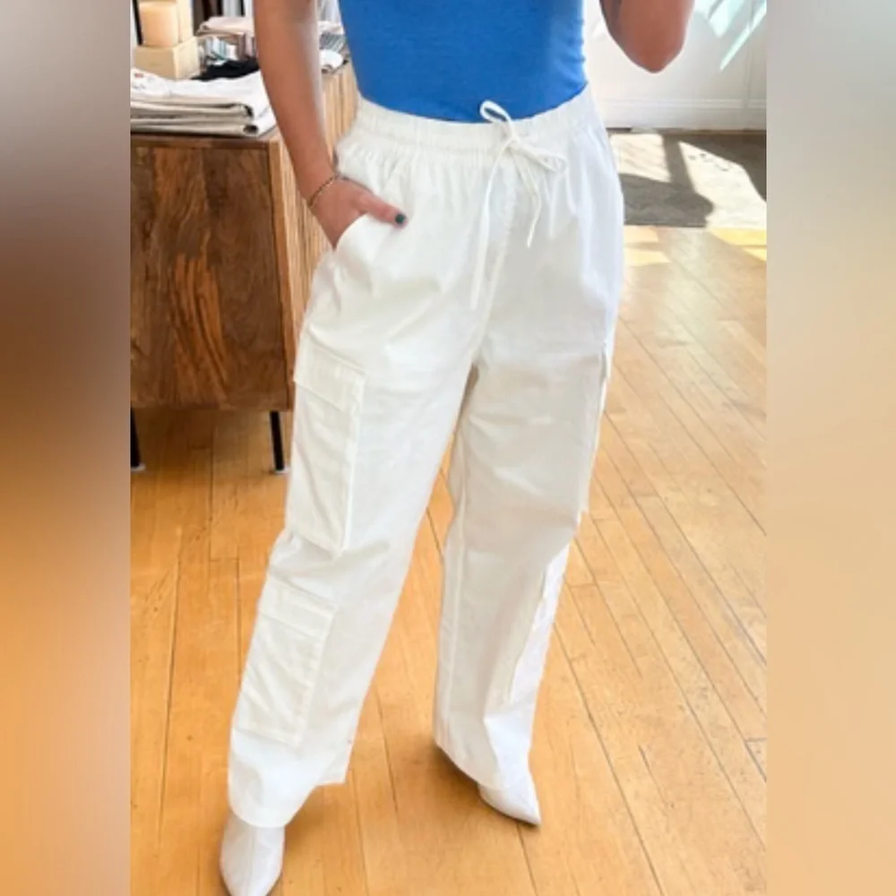 Cargo pants sample Nancy-R women cargo pants white elastic waist tie cotton